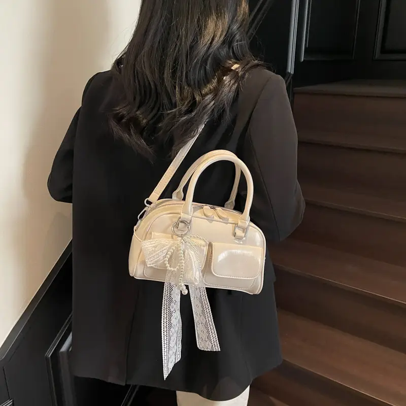 Women's Beige Shoulder Crossbody Bag with Lace Tassel - Image 2