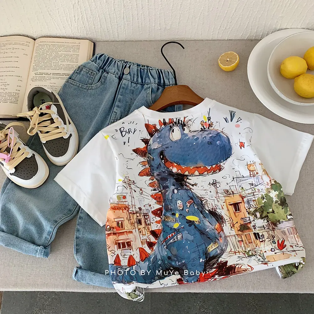 Kids Printed T-Shirt Set Summer Casual Blue White - Image 2