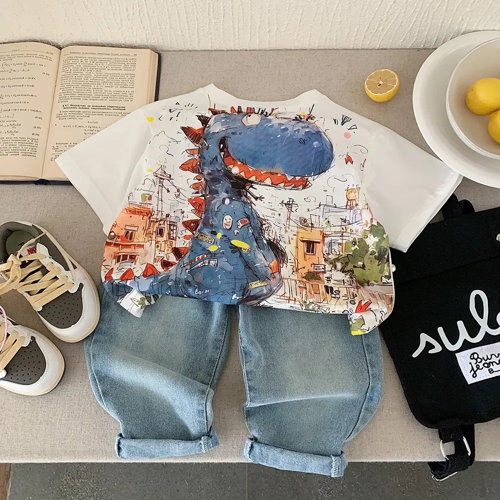 Kids Printed T-Shirt Set Summer Casual Blue White — feature 12