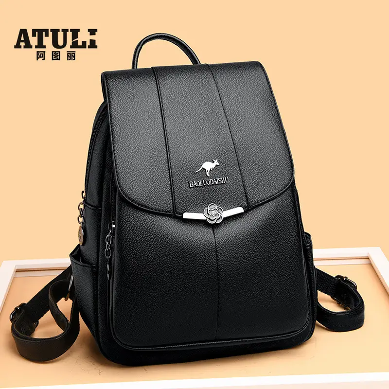 Women's Black PU Leather Backpack Lightweight Travel Bag - Image 3