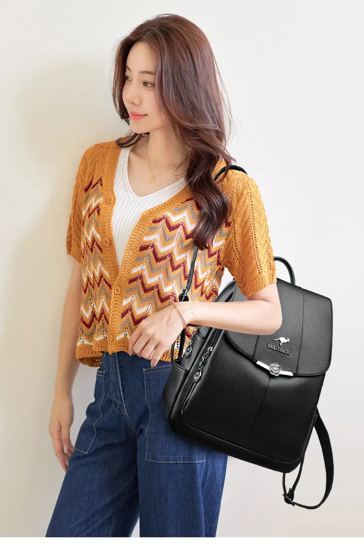 Women's Black PU Leather Backpack Lightweight Travel Bag — feature 15