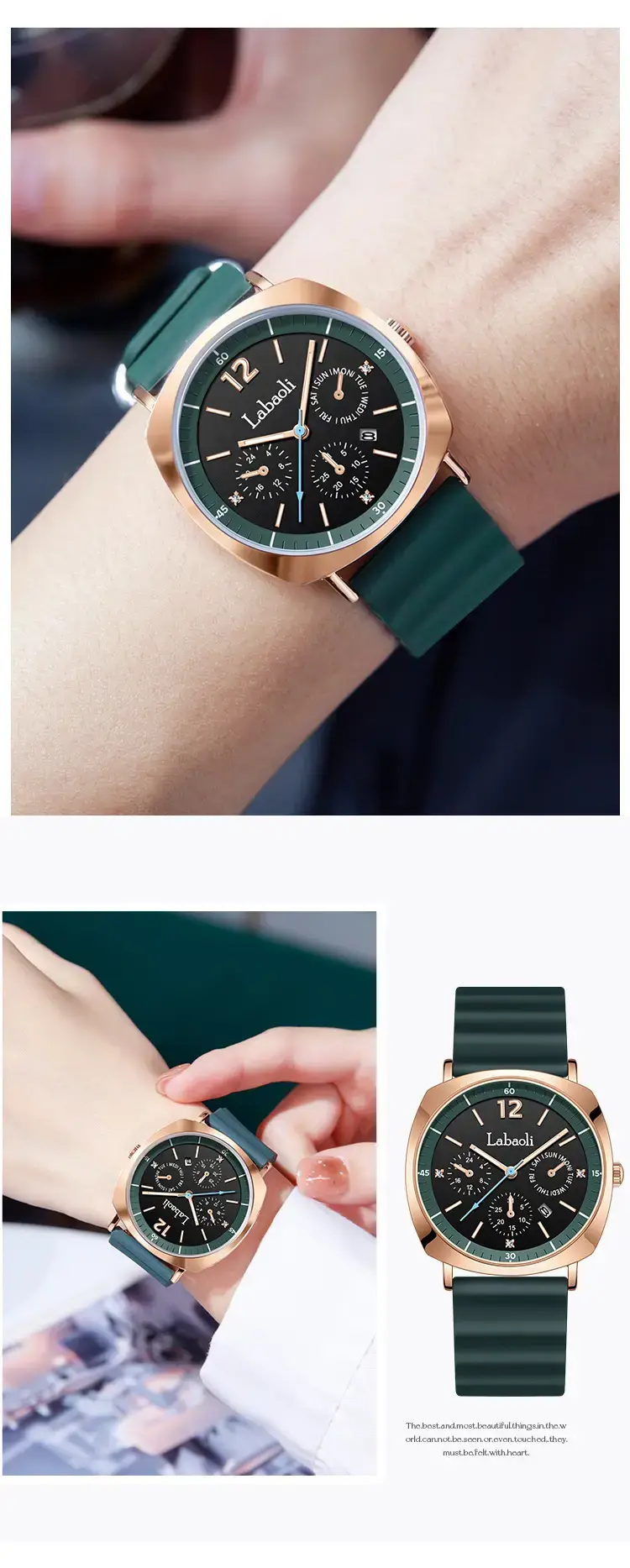 Laboli Women's Quartz Watch with Rose Gold Dial & Green Strap — feature 9