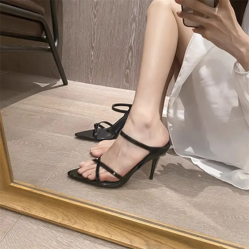 Sexy High-Heeled Shoes for Women, 2026 Summer New Style, Black Pointed Toe Open-Toe Sandals, Stiletto Heel Patent Leather Thin Strap Sandals - Image 3