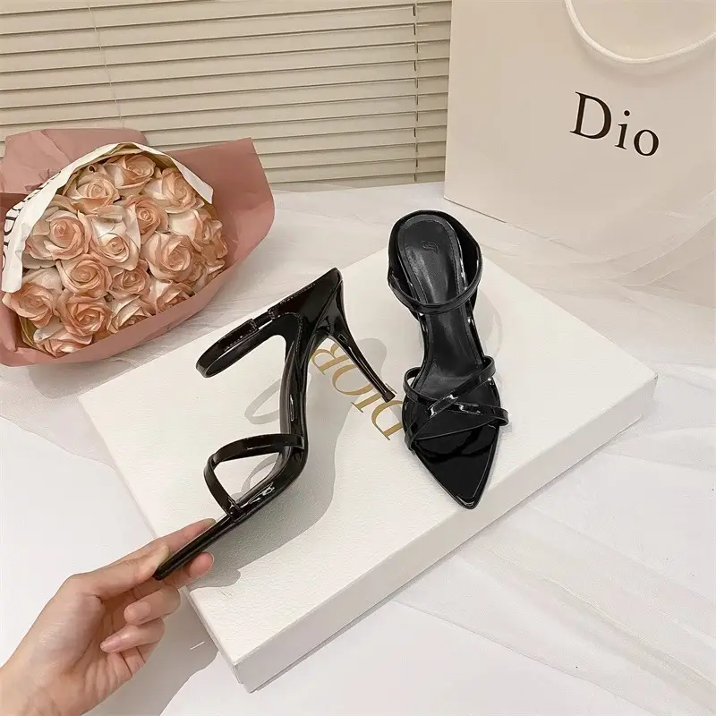 Sexy High-Heeled Shoes for Women, 2026 Summer New Style, Black Pointed Toe Open-Toe Sandals, Stiletto Heel Patent Leather Thin Strap Sandals - Image 4