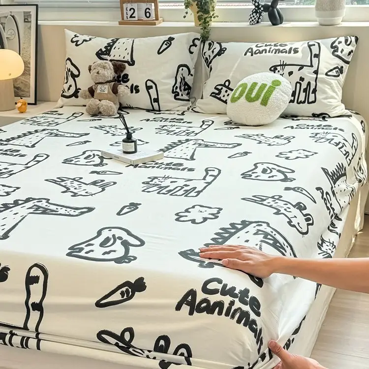 Ins-Style Fresh Cartoon Gray-Striped Cat Fitted Sheet Single Piece 2026 New Model Pure Cotton Single Mattress Protector