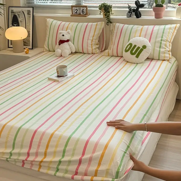 Ins-Style Fresh Cartoon Gray-Striped Cat Fitted Sheet Single Piece 2026 New Model Pure Cotton Single Mattress Protector