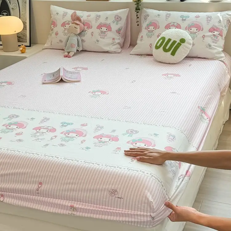 Ins-Style Fresh Cartoon Gray-Striped Cat Fitted Sheet Single Piece 2026 New Model Pure Cotton Single Mattress Protector