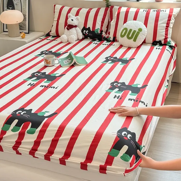 Ins-Style Fresh Cartoon Gray-Striped Cat Fitted Sheet Single Piece 2026 New Model Pure Cotton Single Mattress Protector