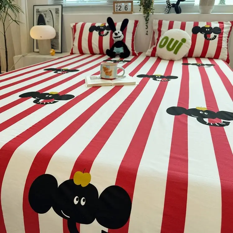 Ins-Style Fresh Cartoon Gray-Striped Cat Fitted Sheet Single Piece 2026 New Model Pure Cotton Single Mattress Protector