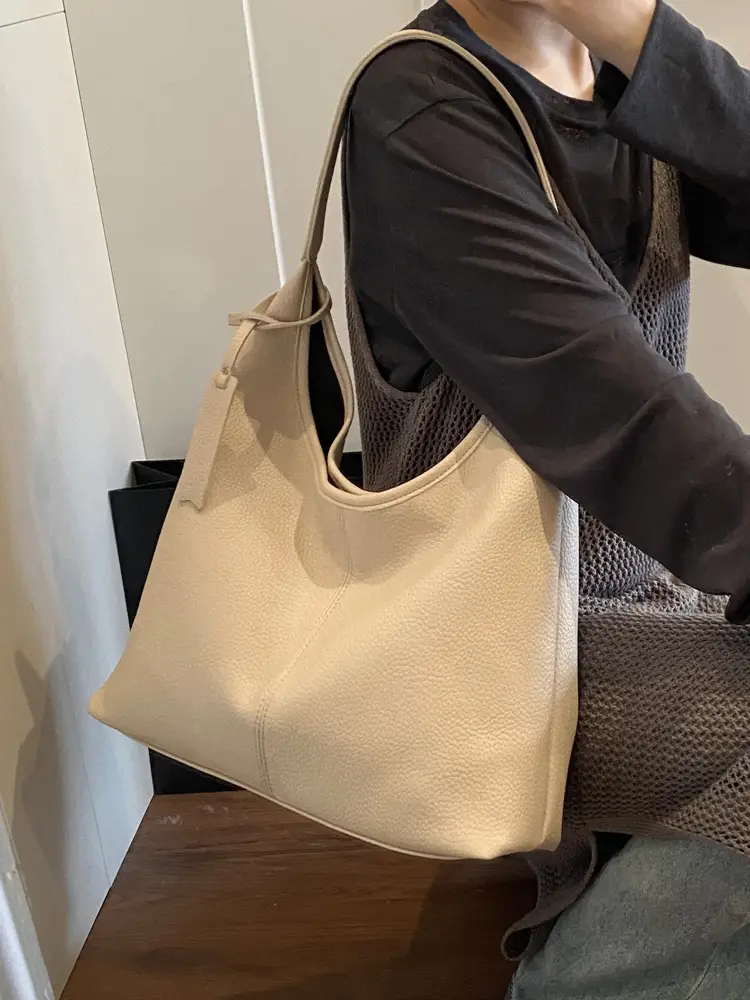 Women's Cream Bucket Bag Large Capacity Shoulder Tote - Image 10