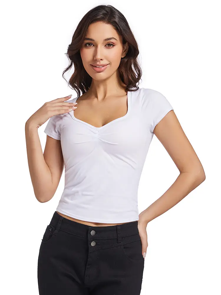 Black V-Neck Pleated T-Shirt Women Summer - Image 15