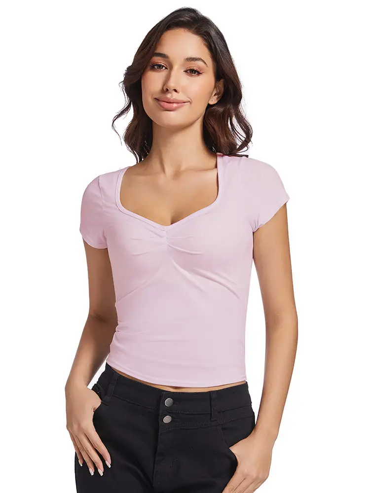 Black V-Neck Pleated T-Shirt Women Summer - Image 16