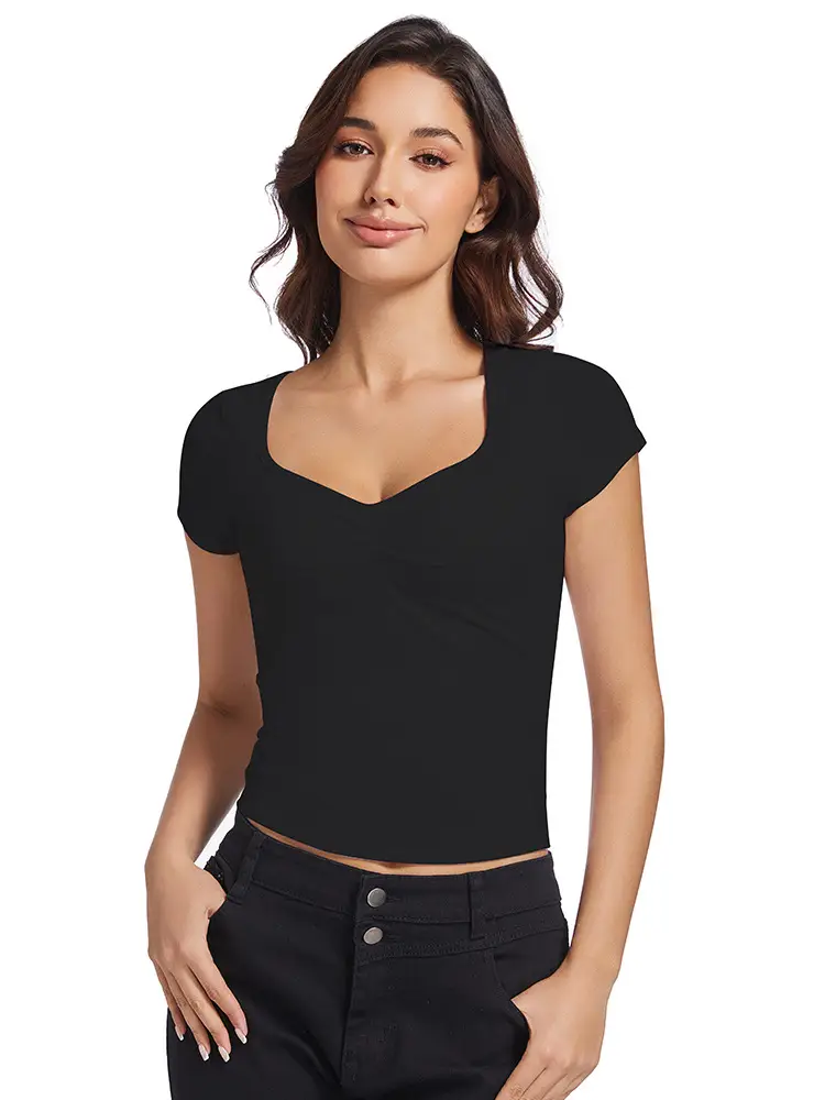 Black V-Neck Pleated T-Shirt Women Summer - Image 19