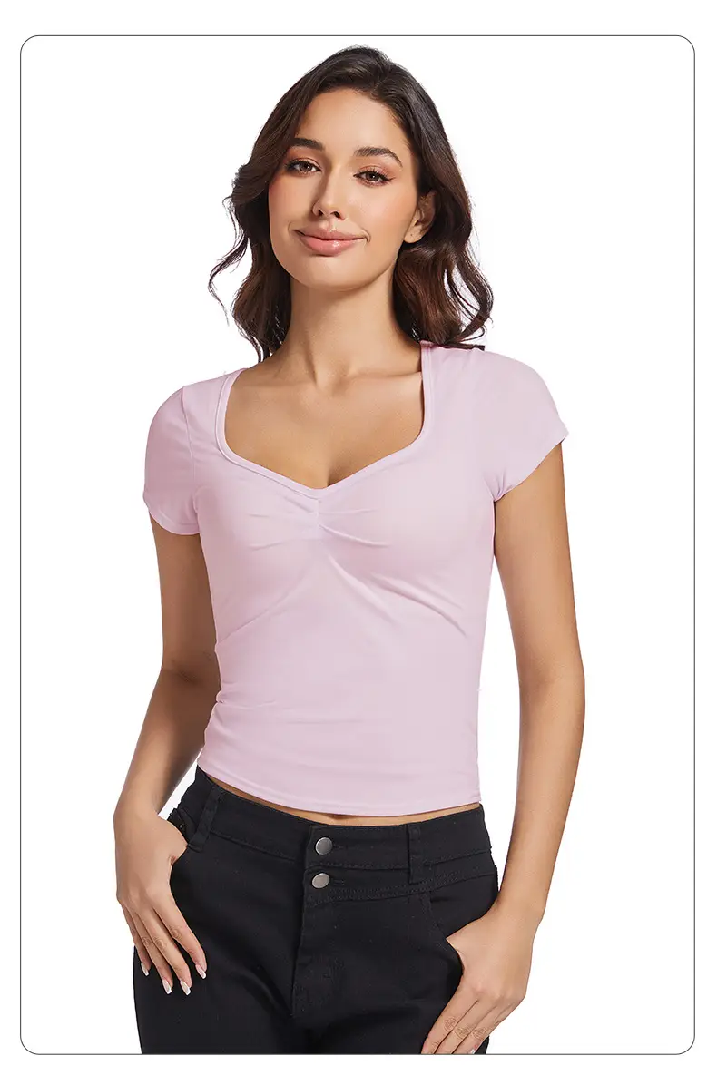 Black V-Neck Pleated T-Shirt Women Summer — feature 16