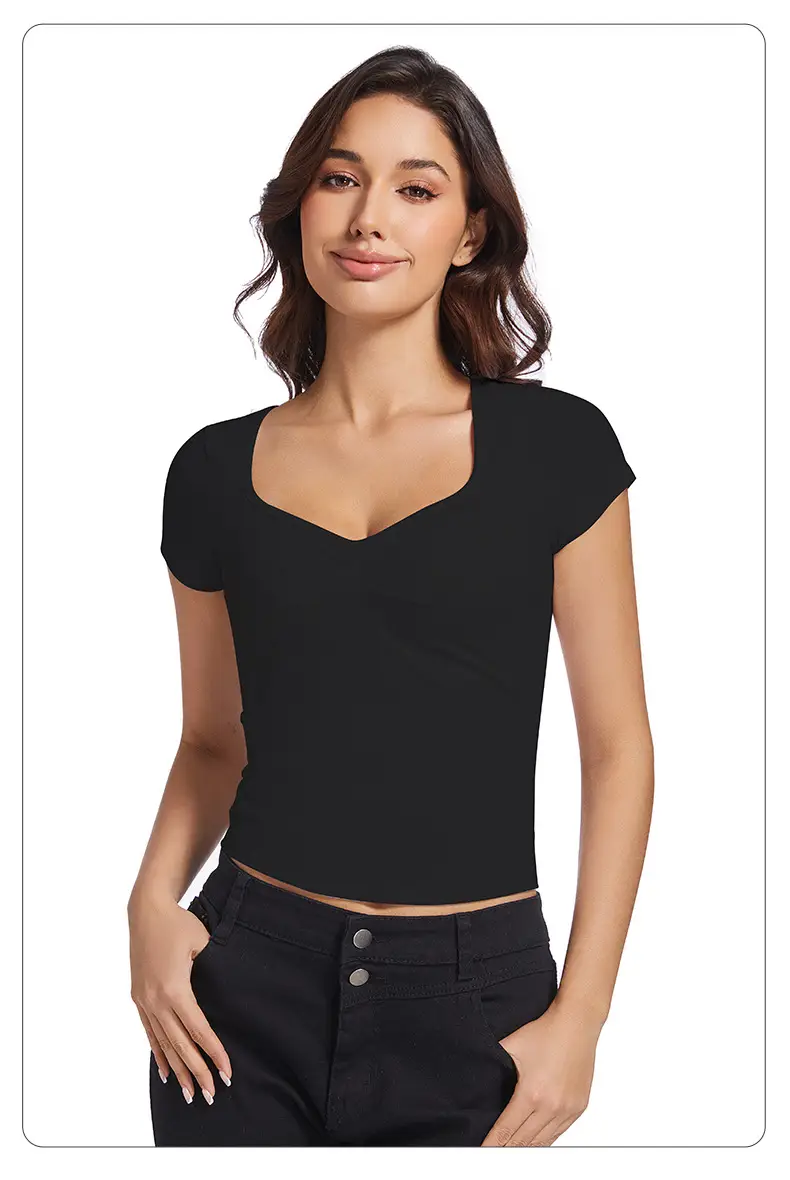 Black V-Neck Pleated T-Shirt Women Summer — feature 17