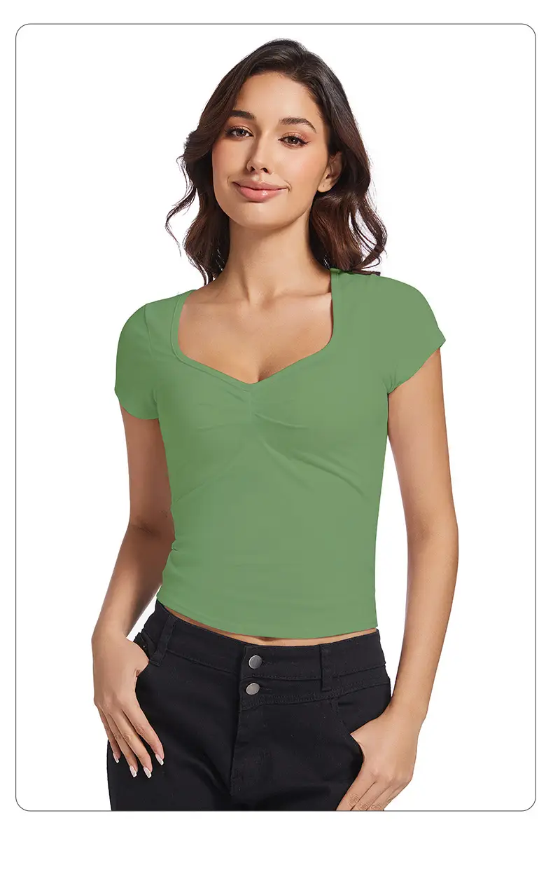 Black V-Neck Pleated T-Shirt Women Summer — feature 19
