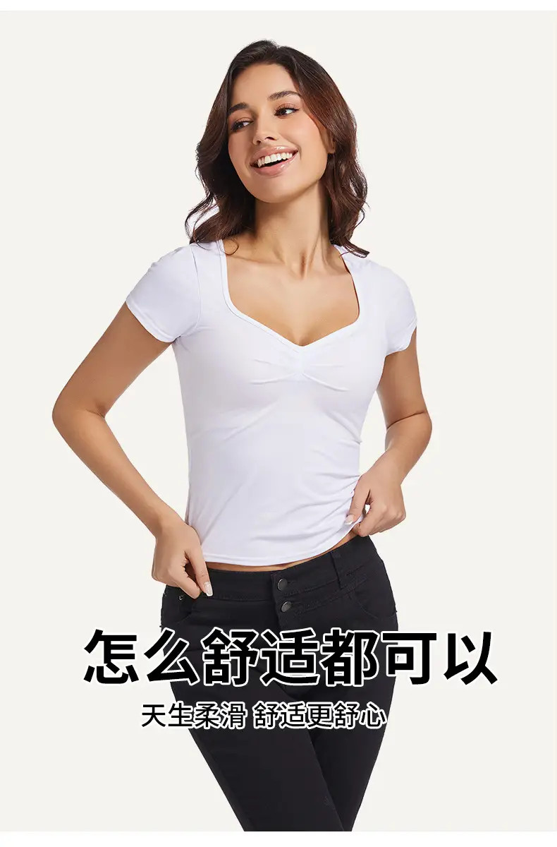 Black V-Neck Pleated T-Shirt Women Summer — feature 2