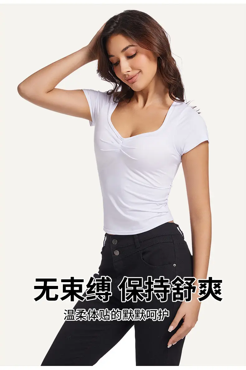 Black V-Neck Pleated T-Shirt Women Summer — feature 7