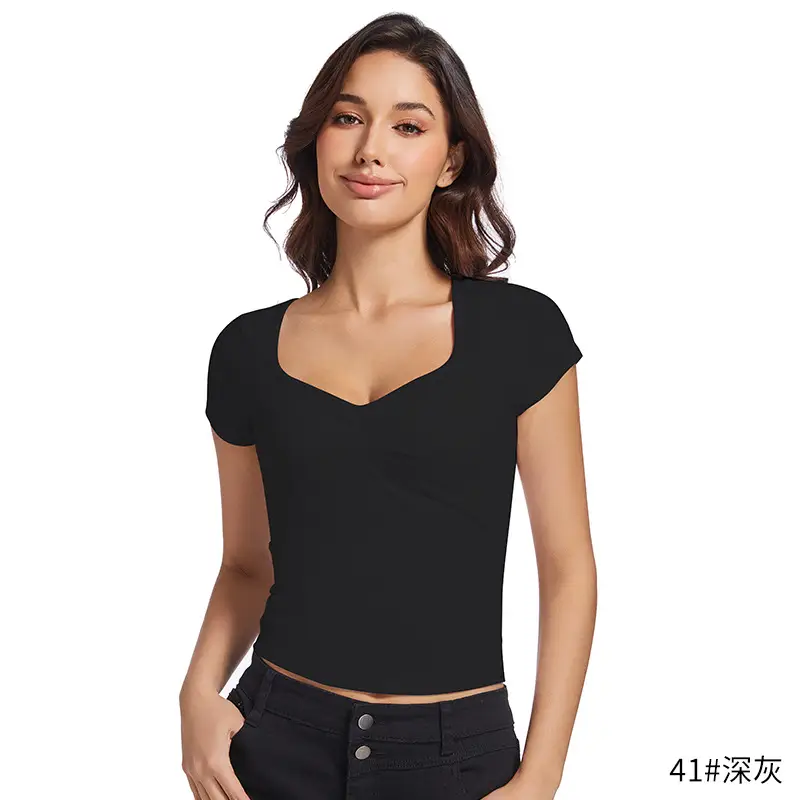 Black V-Neck Pleated T-Shirt Women Summer - Image 2