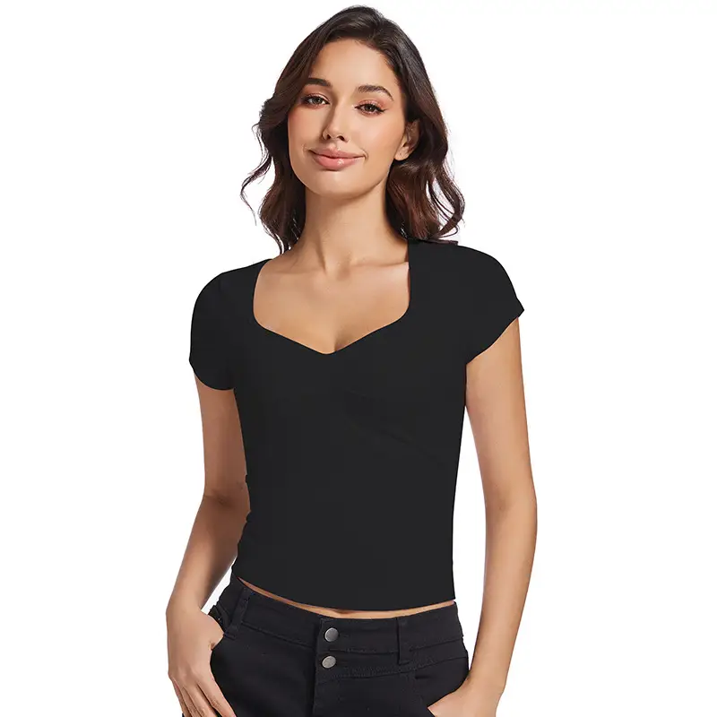 Black V-Neck Pleated T-Shirt Women Summer - Image 4
