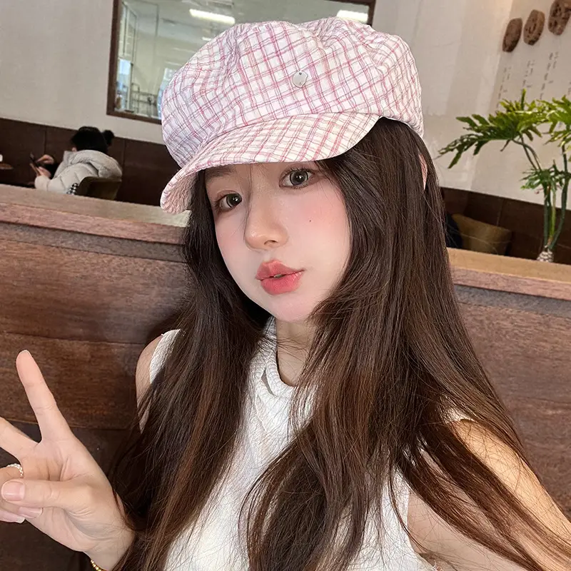 Women's White Plaid Flat Cap Bailey Hat Spring Summer - Image 3
