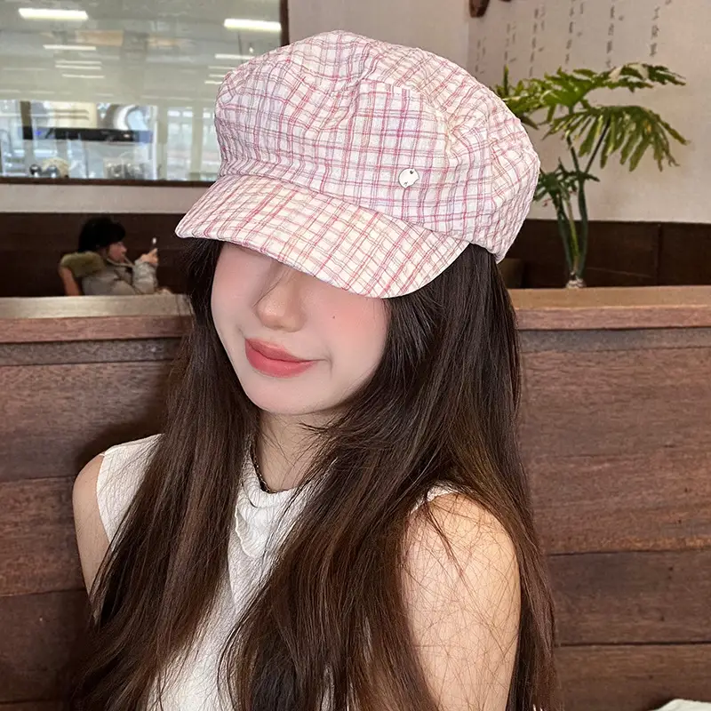 Women's White Plaid Flat Cap Bailey Hat Spring Summer - Image 4