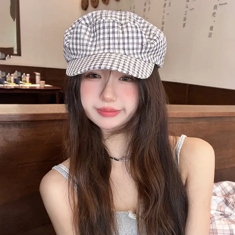 Women's White Plaid Flat Cap Bailey Hat Spring Summer - Image 6