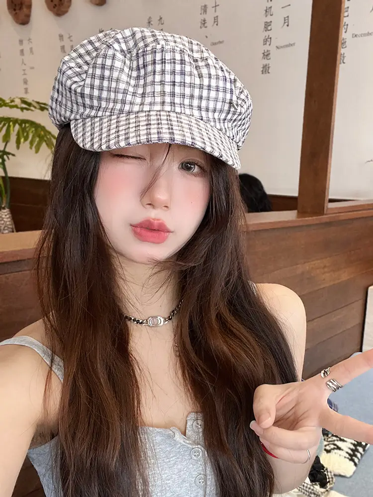 Women's White Plaid Flat Cap Bailey Hat Spring Summer — feature 11