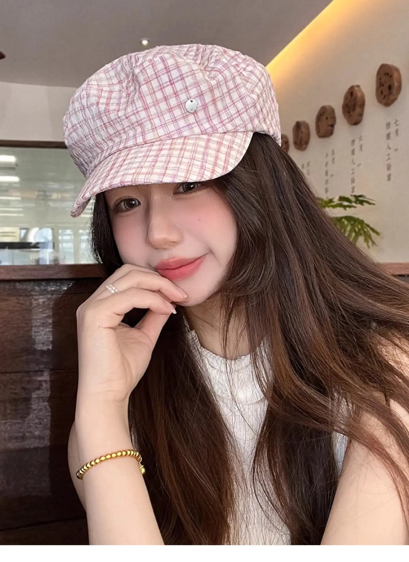 Women's White Plaid Flat Cap Bailey Hat Spring Summer — feature 3