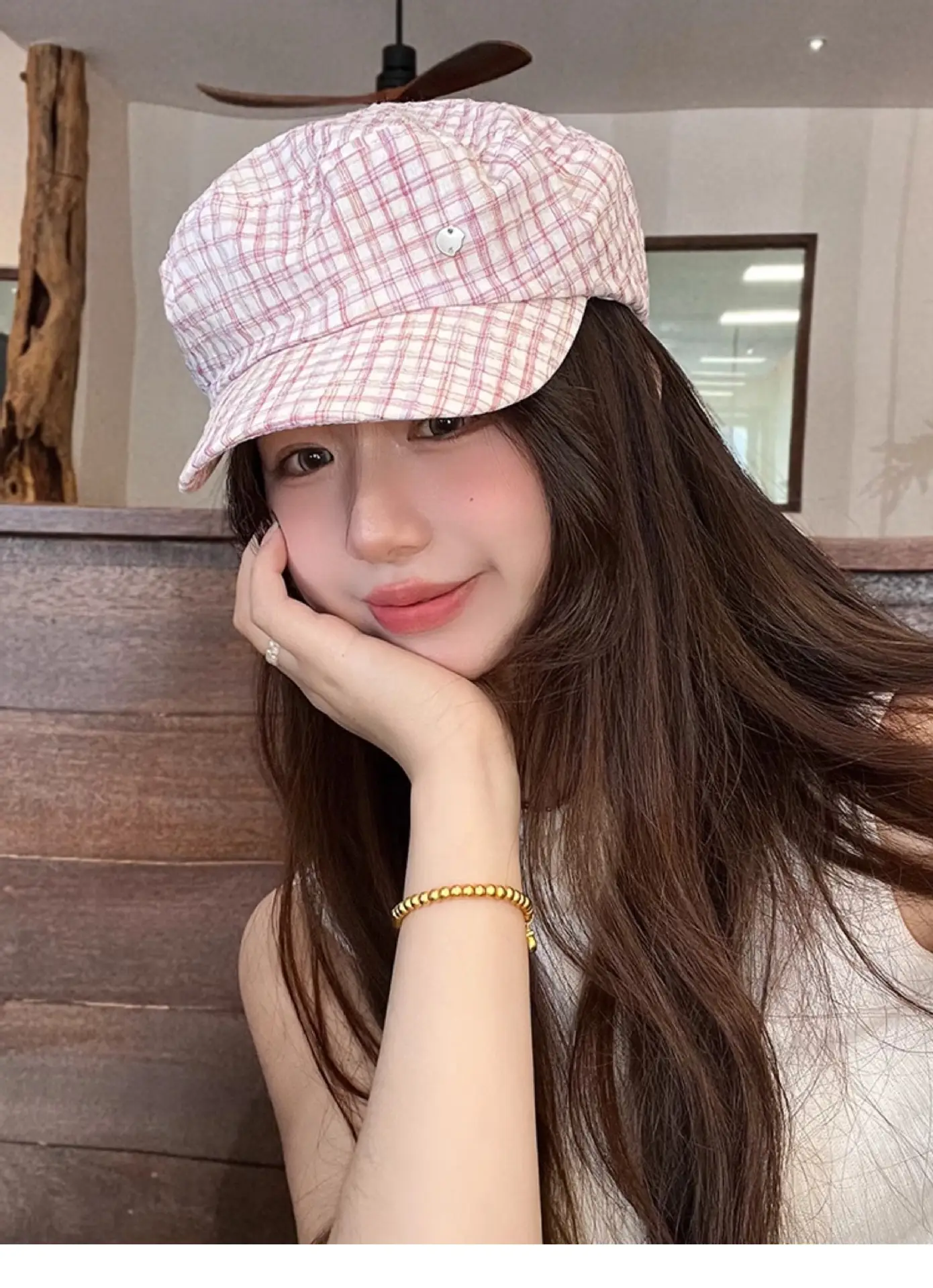 Women's White Plaid Flat Cap Bailey Hat Spring Summer — feature 4