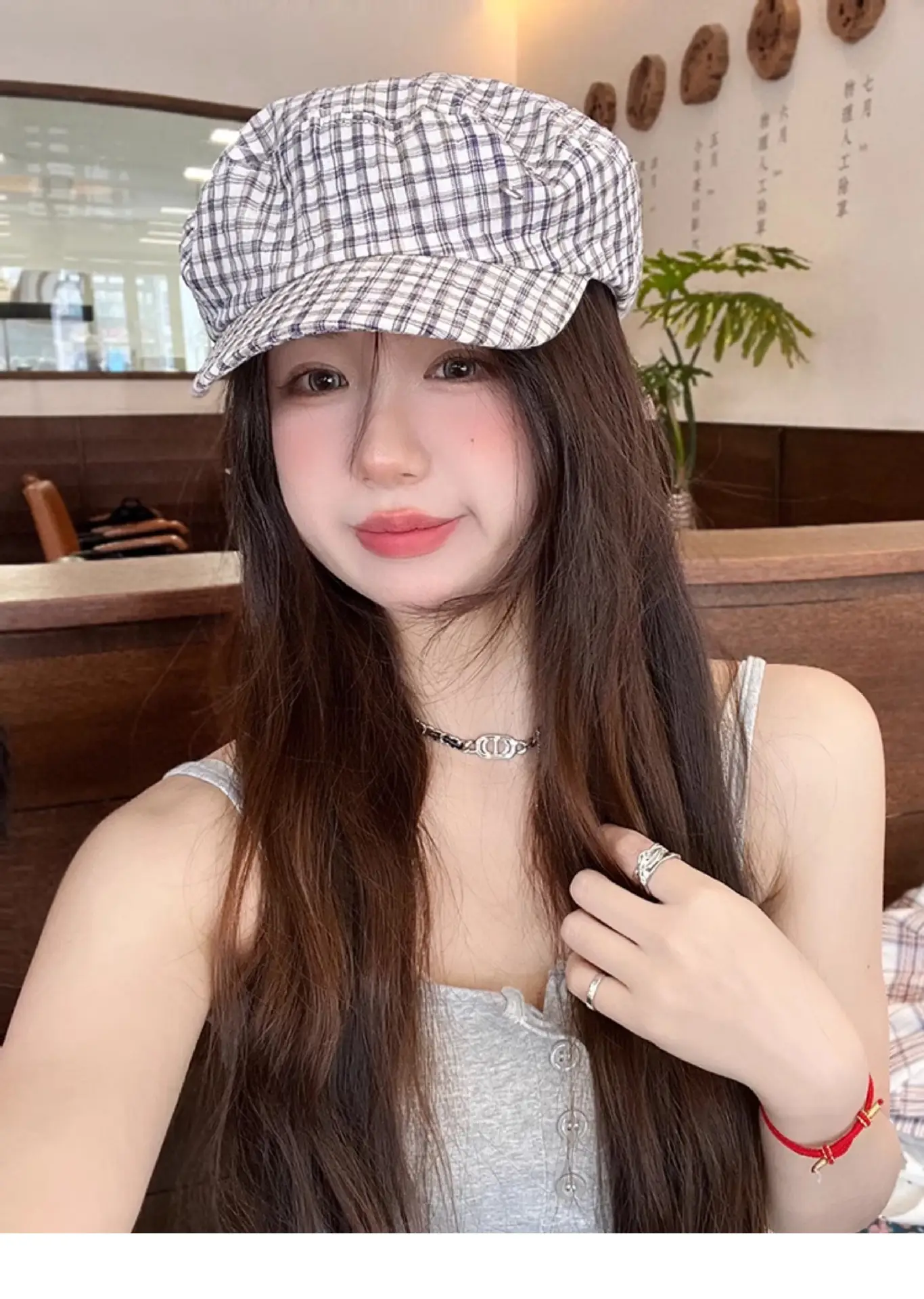 Women's White Plaid Flat Cap Bailey Hat Spring Summer — feature 9
