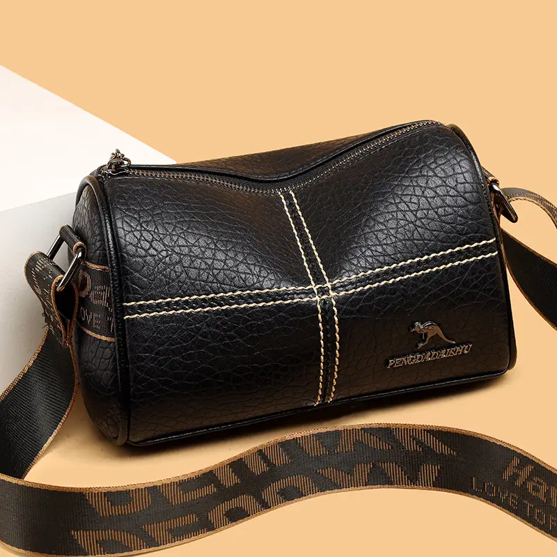 Black Crossbody Bag with Gold Stitching Boston Leather