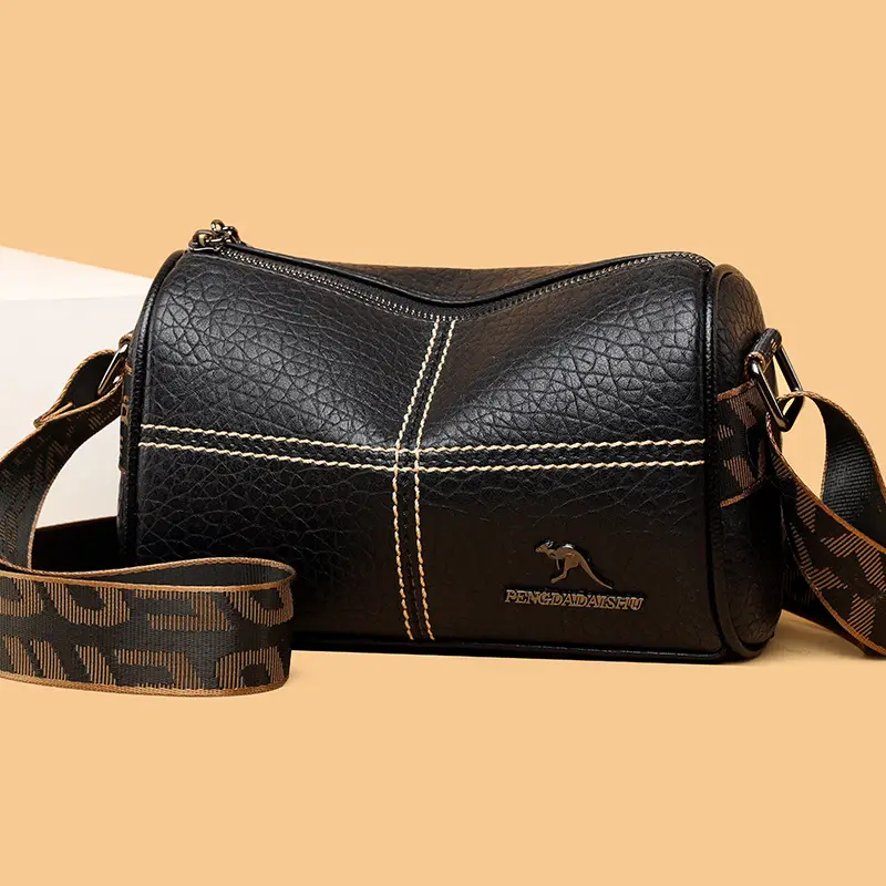 Black Crossbody Bag with Gold Stitching Boston Leather