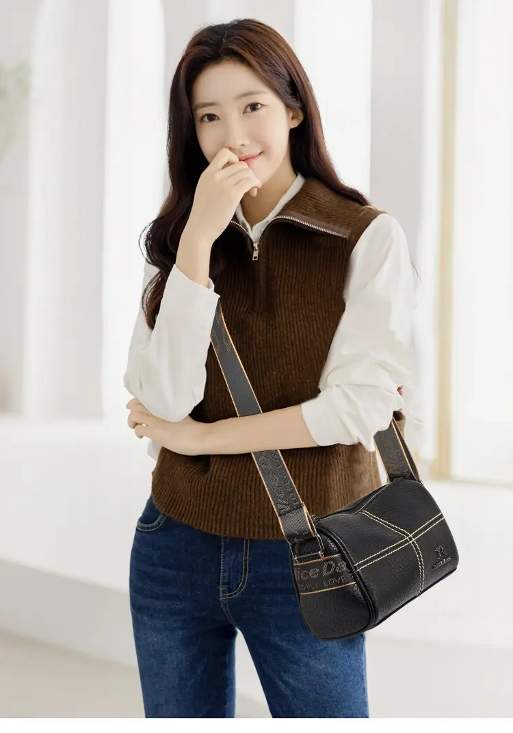 Black Crossbody Bag with Gold Stitching Boston Leather — feature 10