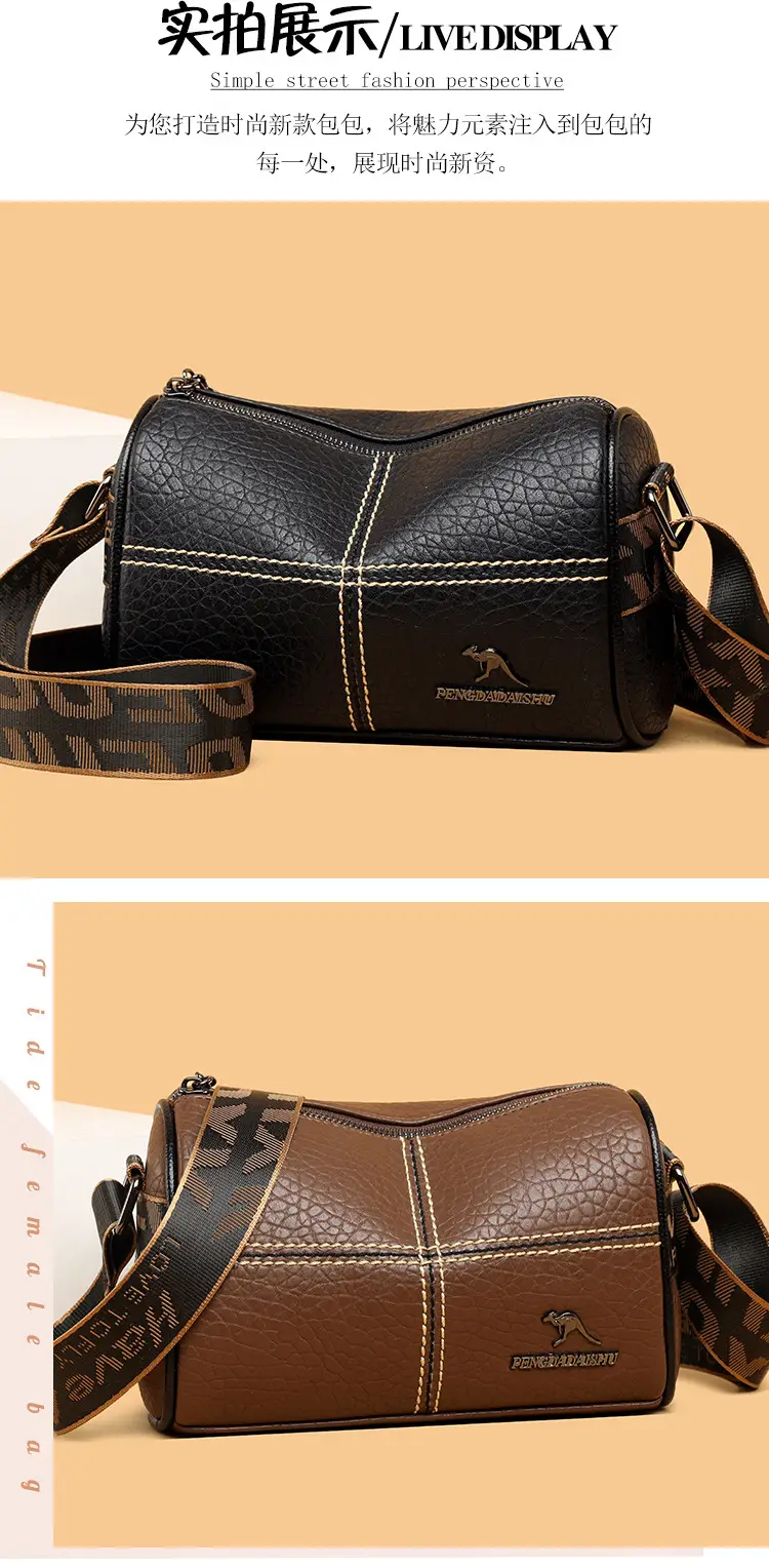 Black Crossbody Bag with Gold Stitching Boston Leather — feature 7