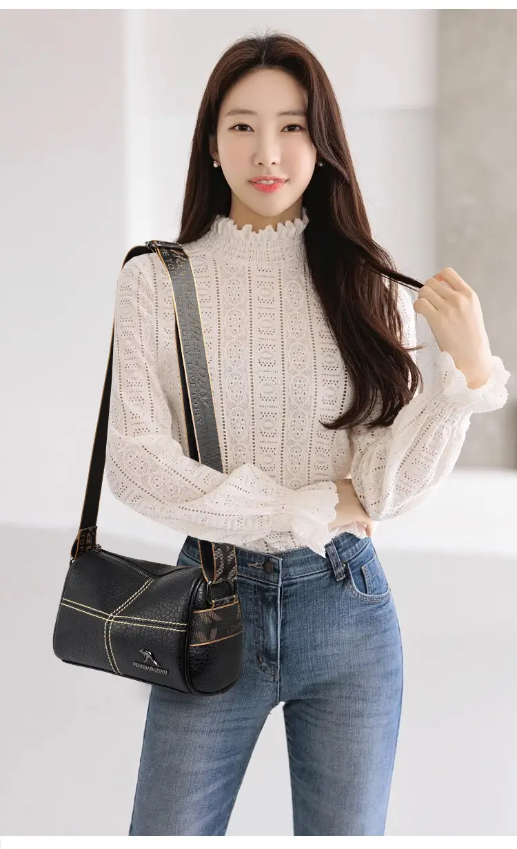 Black Crossbody Bag with Gold Stitching Boston Leather — feature 9