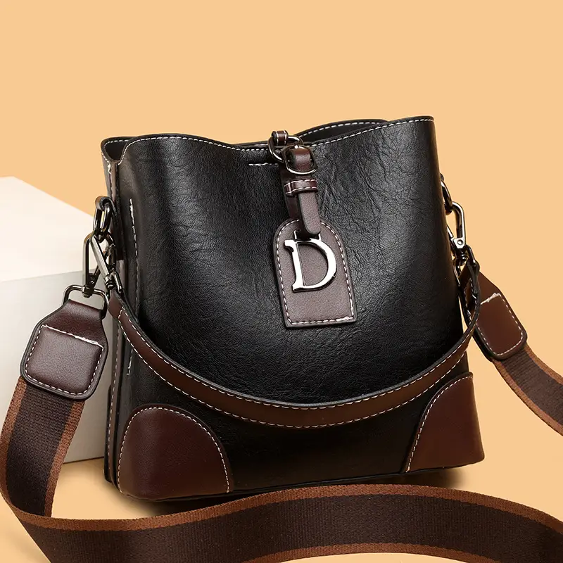 Women's Black Leather Shoulder Bag with D Logo