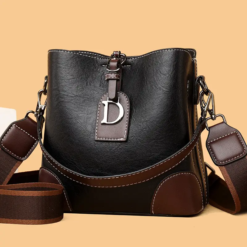 Women's Black Leather Shoulder Bag with D Logo