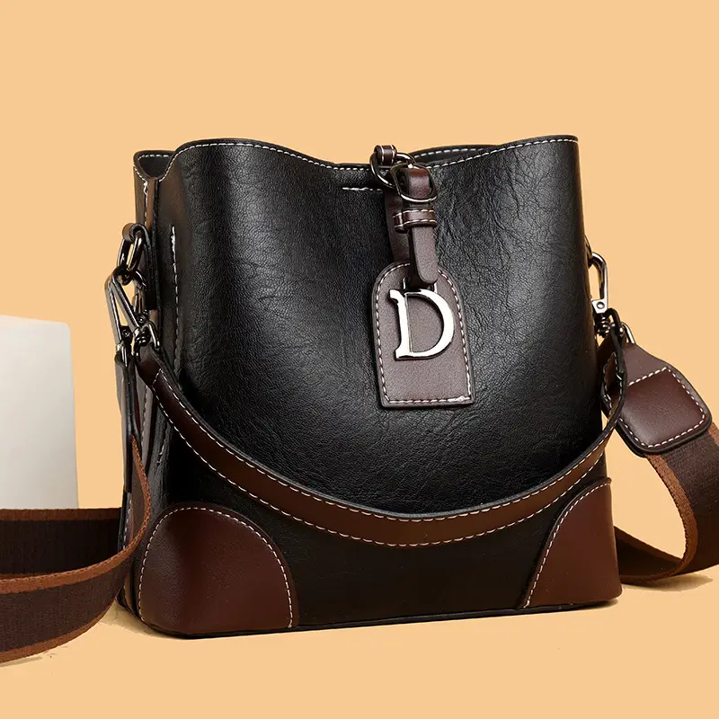 Women's Black Leather Shoulder Bag with D Logo