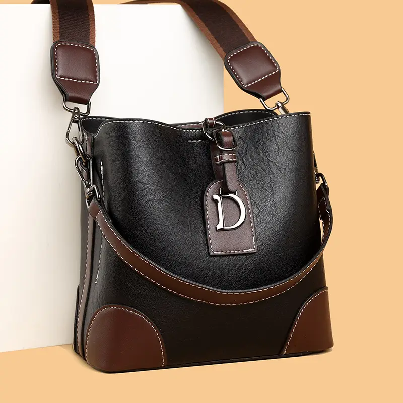Women's Black Leather Shoulder Bag with D Logo