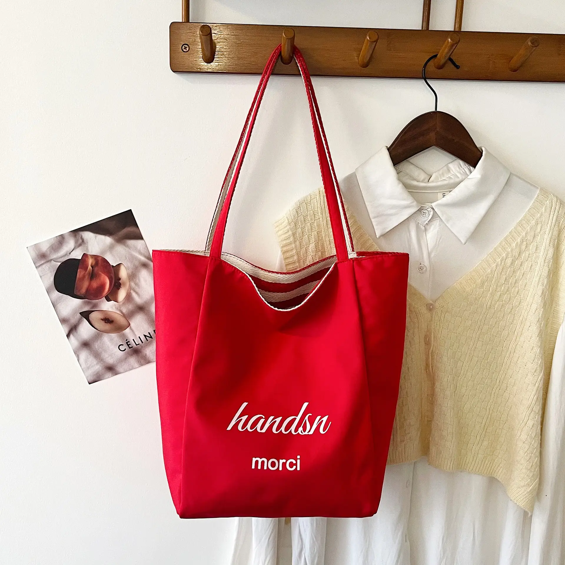 Red White Striped Canvas Tote Bag for Women - Image 5