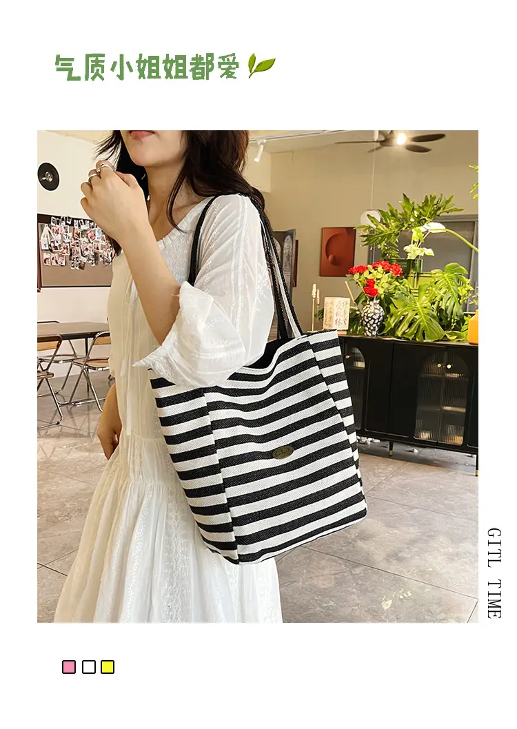 Red White Striped Canvas Tote Bag for Women — feature 3