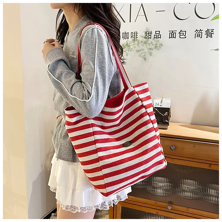 Red White Striped Canvas Tote Bag for Women — feature 30