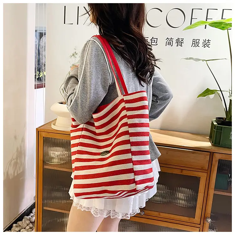 Red White Striped Canvas Tote Bag for Women — feature 31