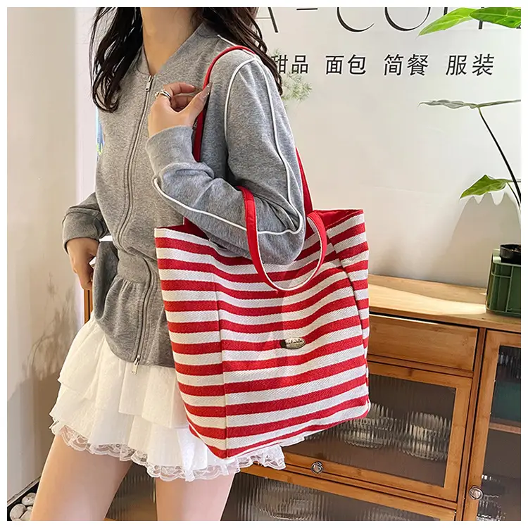 Red White Striped Canvas Tote Bag for Women — feature 32