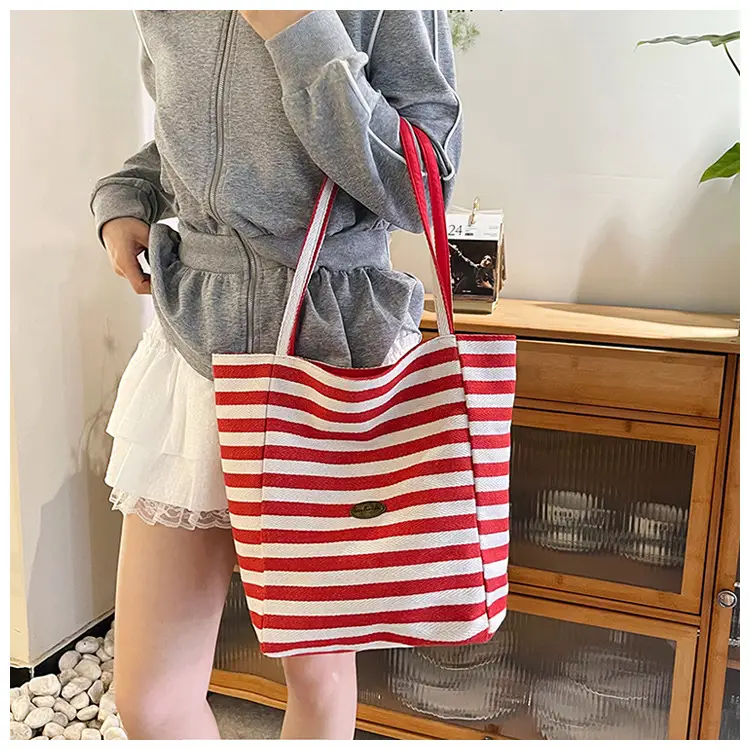 Red White Striped Canvas Tote Bag for Women — feature 33