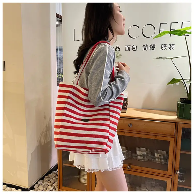 Red White Striped Canvas Tote Bag for Women — feature 34