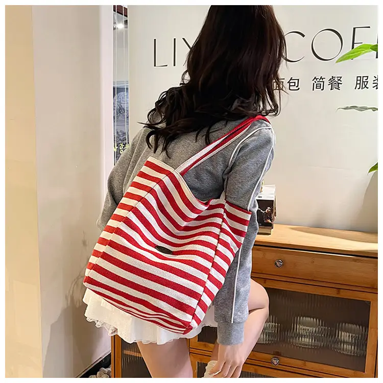 Red White Striped Canvas Tote Bag for Women — feature 35