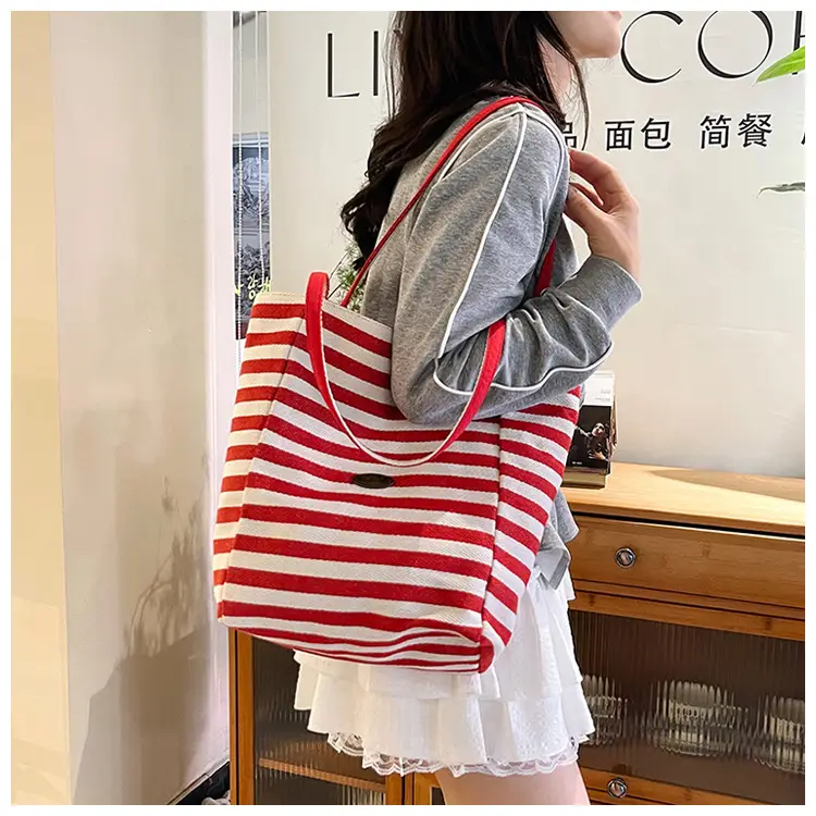 Red White Striped Canvas Tote Bag for Women — feature 36