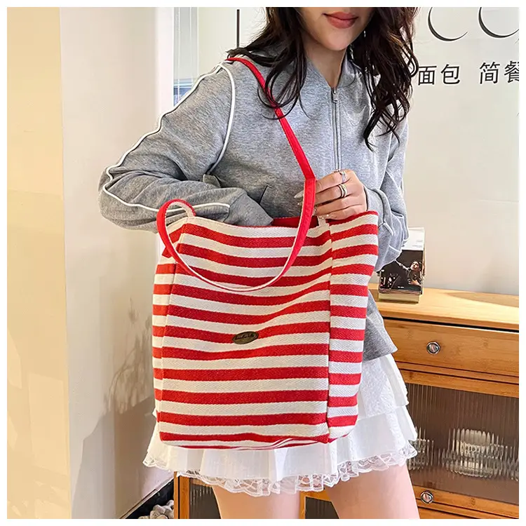 Red White Striped Canvas Tote Bag for Women — feature 37